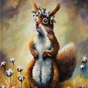 Original painting on canvas Squirrel with wreath, Squirrel wall art, Whimsical art, Enchanted forest, Squirrel gifts, Woodland animals