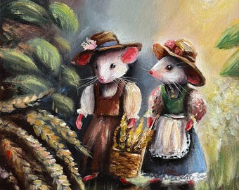 油絵　ネズミ 小さなネズミのオリジナル絵画、素敵なネズミの油絵、穴の中のネズミの
