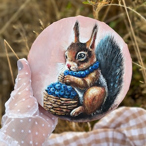 Squirrel original canvas painting, Red Squirrel wall art, Round painting, Whimsical art, Woodland animals, Wildlife painting, Forest art