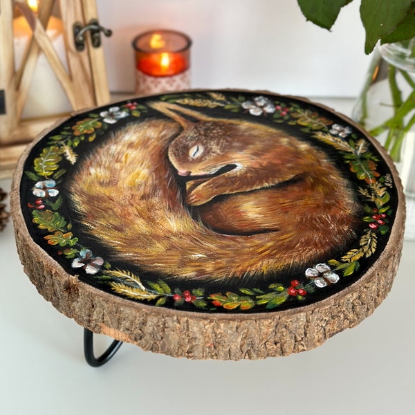 Hand painted wooden table Squirrel, Round table sleeping squirrel, Wood slice art, Enchanted forest, Animal painting on wood, Fantasy art