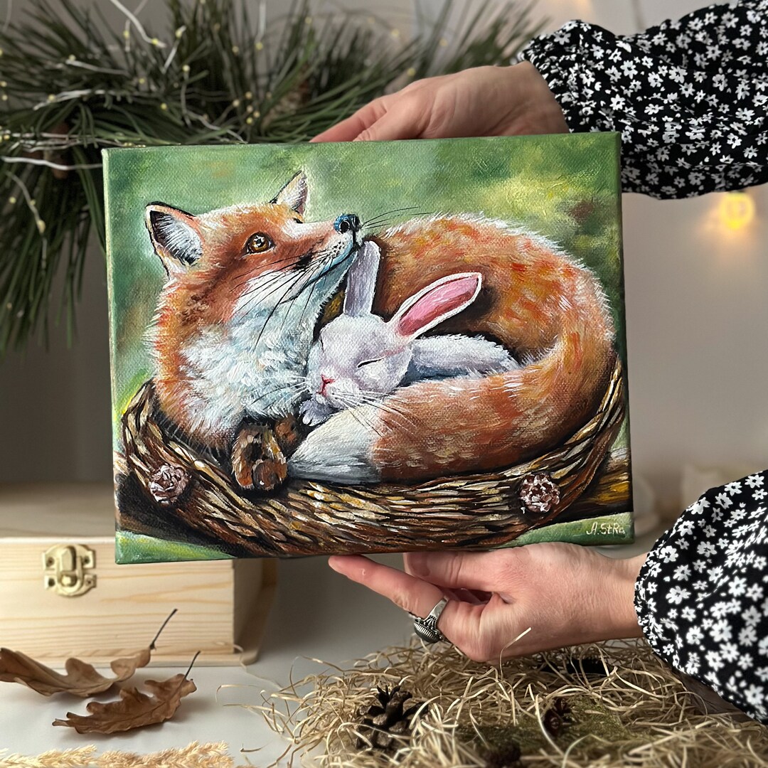 Fox Rabbit Art Fox and Rabbit Original Painting, Wildlife Art, Canvas Painting, Fox ...