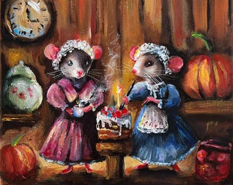 Original canvas painting Mice, Rat painting, Mouse wall art, Whimsical fairy art, Enchanted forest, Cute woodland animals,  Kid's room decor