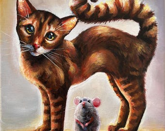 Cuadro original en lienzo de gato y ratón, cuadro de gato naranja, arte de pared de gatito, arte de hadas caprichoso, animales lindos, decoración de habitación infantil de gato
