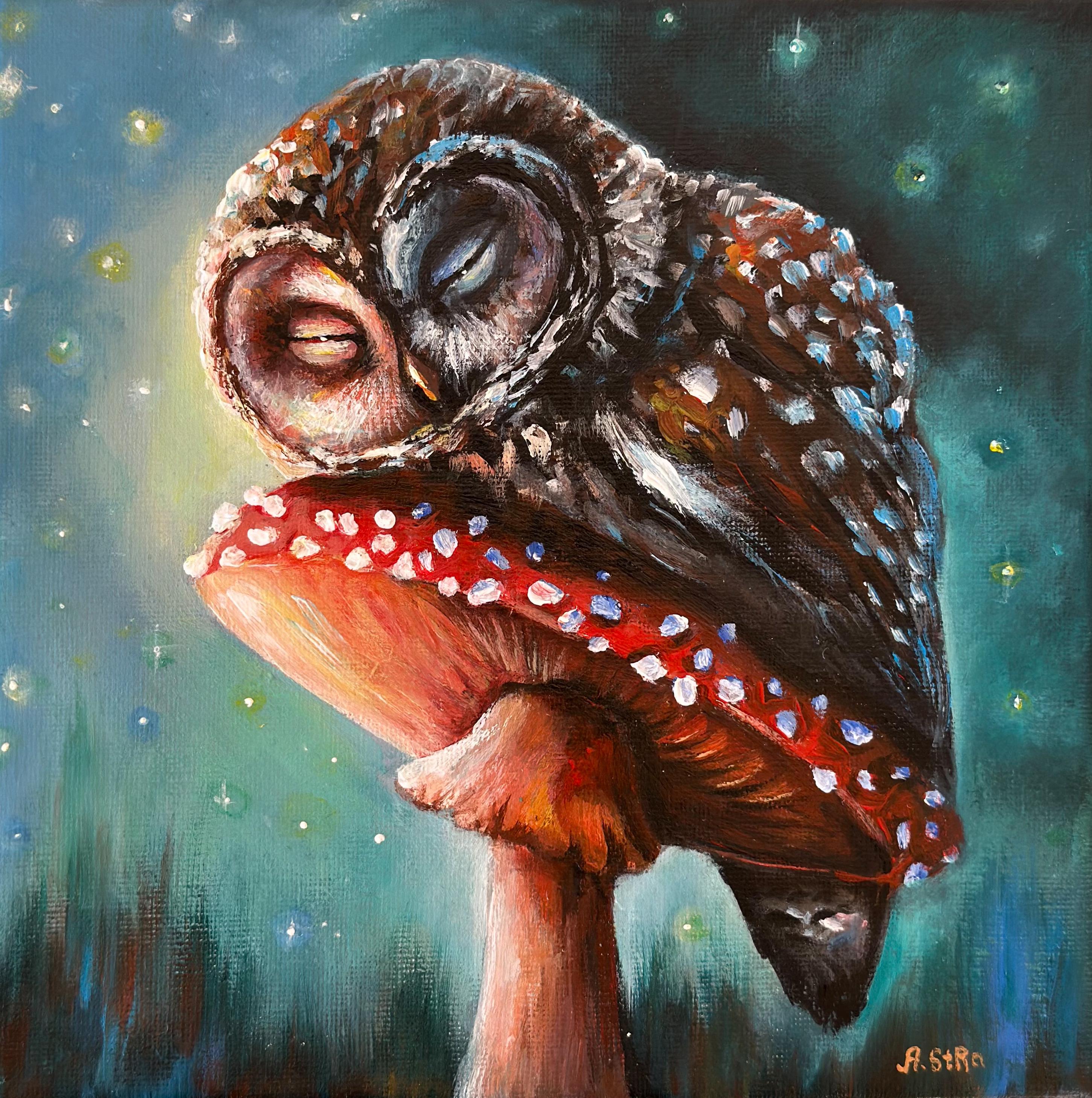 MADE-TO-ORDER Original canvas painting Sleeping Owl, Owl wall decor, Mushroom painting, Woodland ani