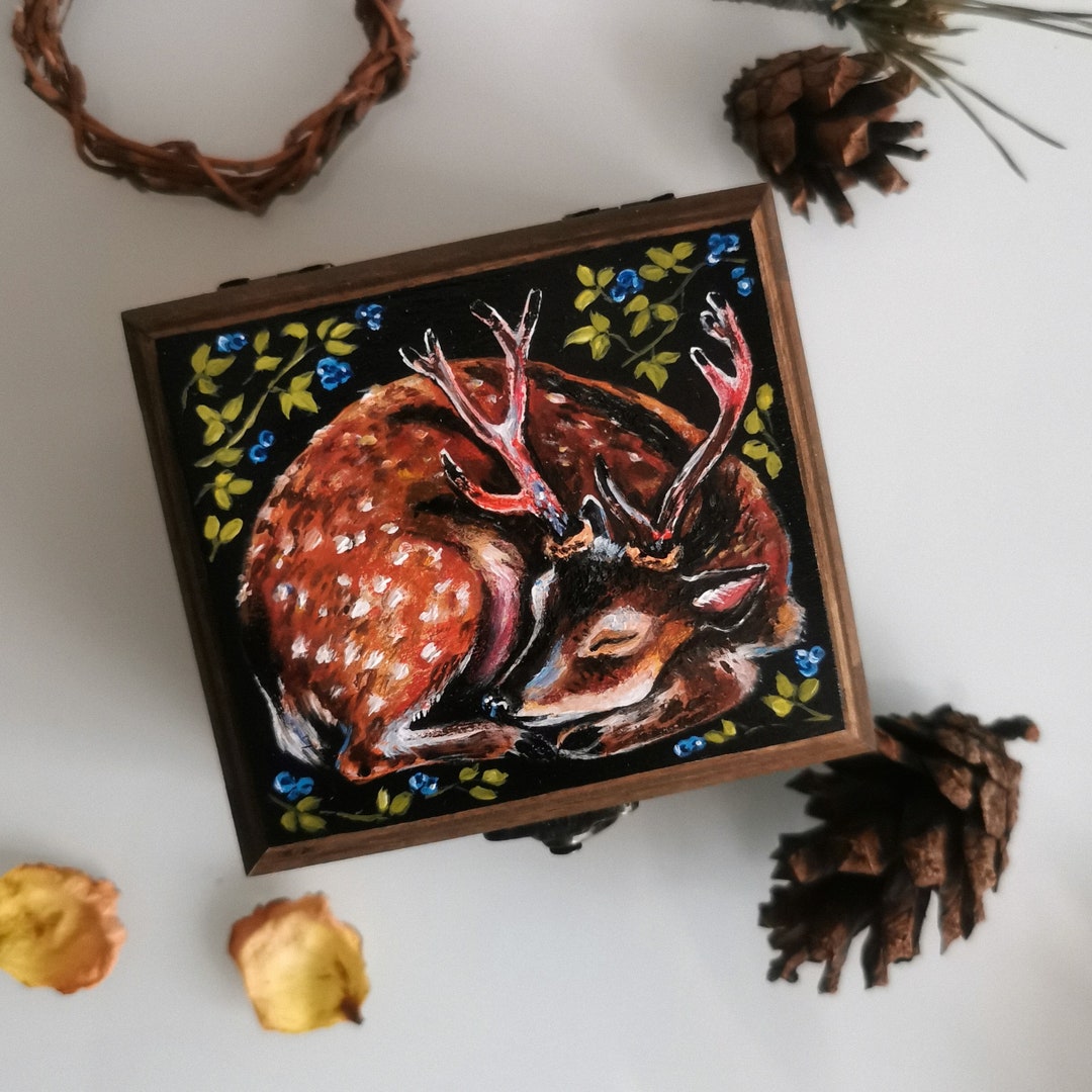 Hand Painted Wooden Box Sleeping Deer Storage Wooden Box With - Etsy