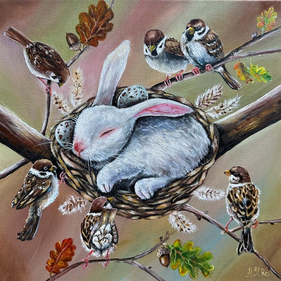 White rabbit original painting on canvas Bunny wall art Whimsical art Woodland animal painting Sparrow Sleeping cute animals Forest art