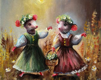 Original canvas painting Mice, Rat painting, Mouse wall art, Whimsical fairy art, Enchanted forest, Cute woodland animals,  Kid's room decor