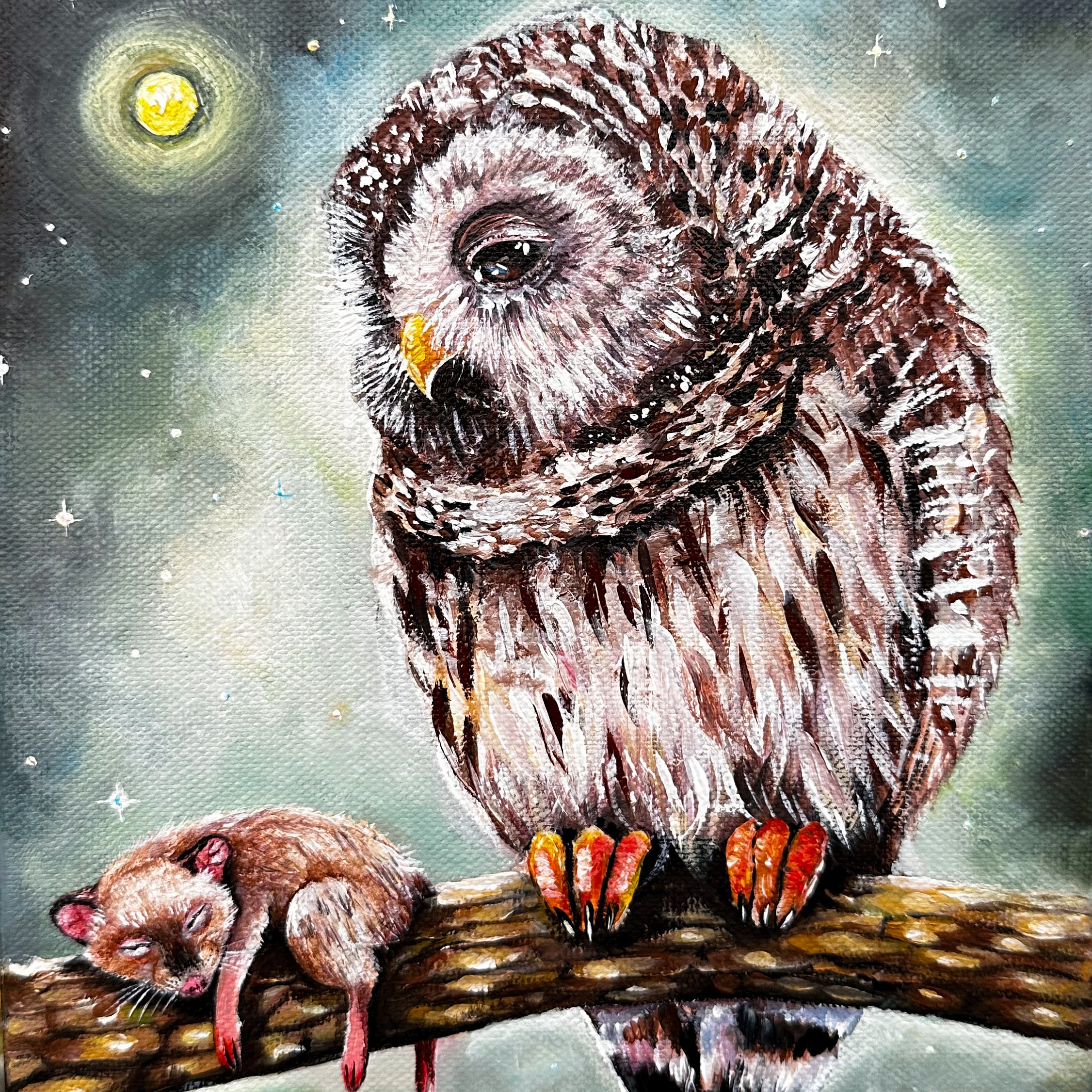 Owl and Mouse original canvas painting, Owl wall art MADE-TO-ORDER, Owl lovers gift, Whimsical art, 