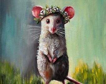 小さなネズミのオリジナル絵画、素敵なネズミの油絵、穴の中のネズミの