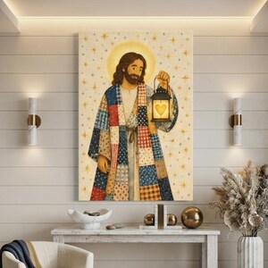 Jesus with Lantern Canvas Print, Folk Art Quilted Style Wall Art, Heart Lantern Christian Home Decor