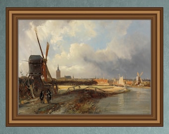 May include: An oil painting in a brown frame depicting a Dutch landscape with a dark windmill, a river, and a distant town under a cloudy sky. Two figures stand on a path near the windmill, while a small wooden bridge crosses the water.