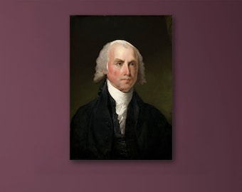 May include: A portrait painting of a man with white hair and a serious expression. He is wearing a dark blue jacket with a white collar and a white cravat. The background is a dark green.