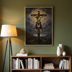 May include: A framed religious painting depicts the crucifixion of Jesus Christ. The artwork features a detailed depiction of Jesus on the cross, set against a dramatic sky with rays of light. The painting is displayed above a wooden bookshelf.