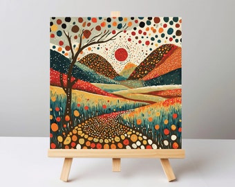 Australian Aboriginal Art, Digital Dot Style Art, Wall Art, Digital download dot art landscape painting with hills and trees at sunrise