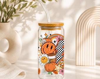 Retro Seasonal Glass Can Cup with Bamboo Lid & Glass Straw, Fall Pumpkin Cup, Pink Christmas Cup, Vintage Holiday ,20 oz Libbey Glass Cup