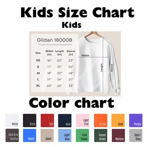 Peut inclure: Tableau des tailles pour enfants pour les sweat-shirts &agrave; col rond pour jeunes Gildan 18000B. Le tableau montre les tailles XS &agrave; XL avec des mesures de largeur, de longueur et de manche en pouces. Un tableau des couleurs montre 14 couleurs diff&eacute;rentes, dont le blanc, le noir, le rouge, le marine, le rose clair, l'orange, l'or, le violet, le gris fonc&eacute; chin&eacute;, le royal, le sable, le bleu clair, le vert irlandais, le vert for&ecirc;t, le marron et le gris sport.