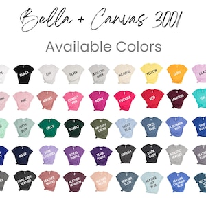 Puede incluir: Una exhibici&oacute;n de camisetas Bella + Canvas 3001 en varios colores, incluyendo blanco, negro y tonos de rosa, azul, verde y morado. El texto "Available Colors" se muestra debajo del nombre de la marca.