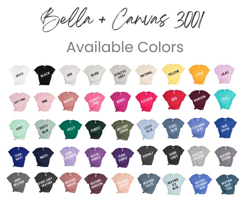 Puede incluir: Una exhibici&oacute;n de camisetas Bella + Canvas 3001 en varios colores, incluyendo blanco, negro y tonos de rosa, azul, verde y morado. El texto "Available Colors" se muestra debajo del nombre de la marca.
