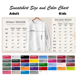 Puede incluir: Tabla de tallas para sudaderas con cuello redondo para j&oacute;venes Gildan 18000B y sudaderas unisex Gildan 18000. La tabla muestra el ancho, la longitud y la longitud de la manga en pulgadas para cada talla, de XS a 5XL.