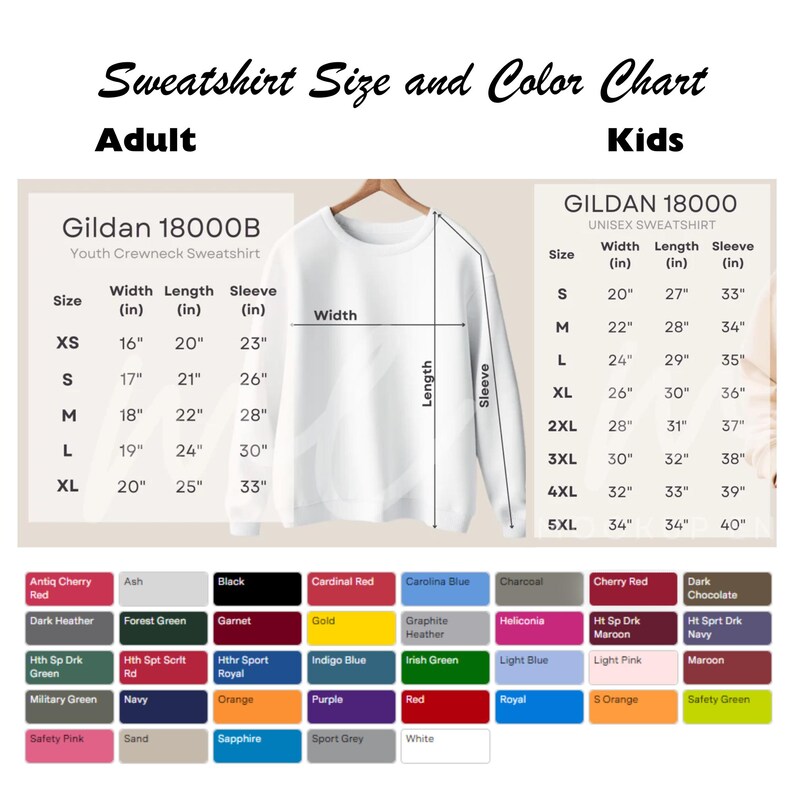 Puede incluir: Tabla de tallas para sudaderas con cuello redondo para j&oacute;venes Gildan 18000B y sudaderas unisex Gildan 18000. La tabla muestra el ancho, la longitud y la longitud de la manga en pulgadas para cada talla, de XS a 5XL.