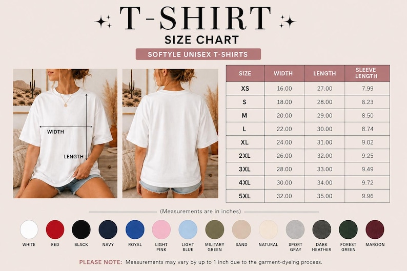 May include: A size chart for softstyle unisex t-shirts featuring a white t-shirt shown from the front and back, a table with measurements in inches for sizes XS to 5XL, and a color palette showing fifteen available fabric color options.