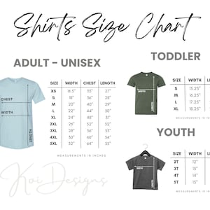 Puede incluir: Tabla de tallas de camisetas con medidas en pulgadas para adultos unisex, ni&ntilde;os peque&ntilde;os y j&oacute;venes. La tabla incluye medidas de talla, ancho, pecho y largo para cada talla. Logotipo en la parte inferior.
