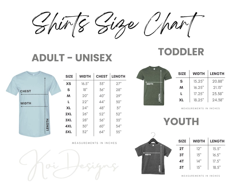 Puede incluir: Tabla de tallas de camisetas con medidas en pulgadas para adultos unisex, ni&ntilde;os peque&ntilde;os y j&oacute;venes. La tabla incluye medidas de talla, ancho, pecho y largo para cada talla. Logotipo en la parte inferior.