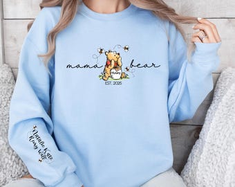Sweat personnalisé maman ours - Winnie l'ourson, prénoms personnalisés sur les manches