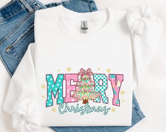 Pastel Merry Christmas Sweatshirt – Retro Christmas Tree Crewneck