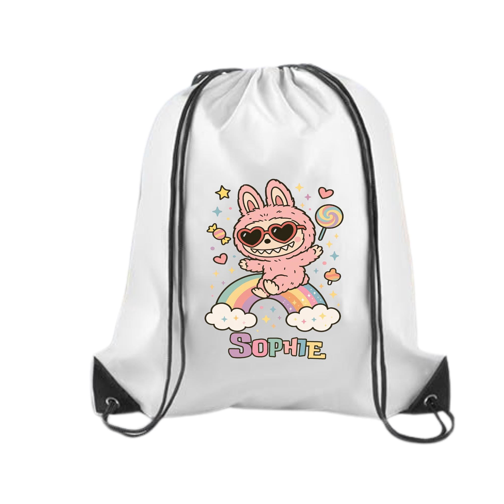 Custom Labubu Backpack – Personalized Bunny Drawstring Bag for Kids – Labubu Birthday Party Favor – Labubu Birthday Gift for Girls