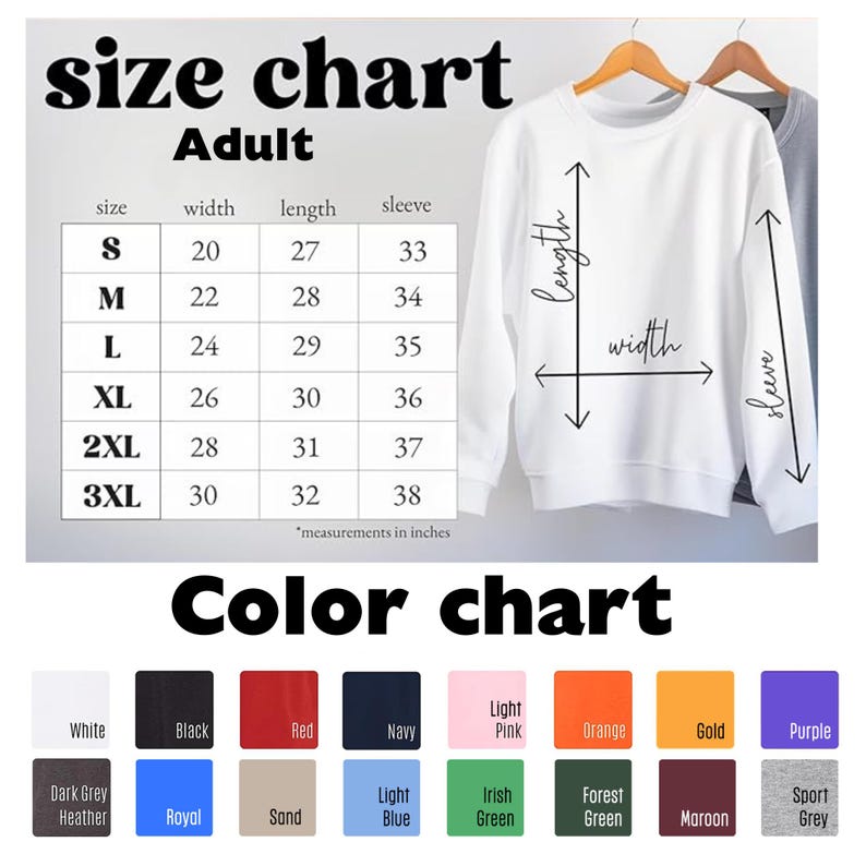 Peut inclure: Tableau des tailles pour sweat-shirts adultes avec des mesures en pouces pour la largeur, la longueur et la longueur des manches.  Nuancier avec des &eacute;chantillons de couleurs pour blanc, noir, rouge, marine, rose clair, orange, or, violet, gris fonc&eacute; chin&eacute;, royal, sable, bleu clair, vert irlandais, vert for&ecirc;t, marron et gris sport.