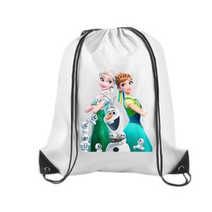May include: White drawstring bag with a printed image of Elsa and Anna from Frozen, standing with Olaf, the snowman.  The characters are surrounded by small snowmen.