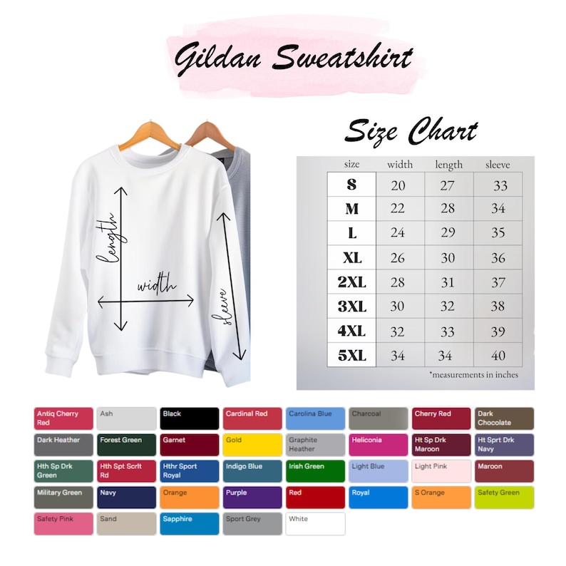 Peut inclure: Sweat-shirt Gildan blanc sur un cintre en bois, avec un tableau des tailles et des options de couleurs. Le tableau des tailles indique les mesures en pouces pour les tailles S &agrave; 5XL. Les options de couleurs incluent le noir, le rouge et le vert.