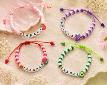 Personalized Name Bracelet, Custom Clay Bead Bracelet, Fruit Charm Bracelet, Adjustable Friendship Bracelet, Kids Bracelet, Teacher Gift