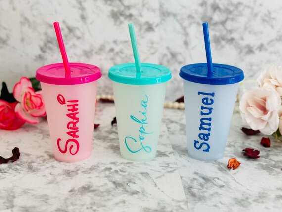 Set of 5 Color Changing Kids Cups with Colored Straws - 16oz Mini