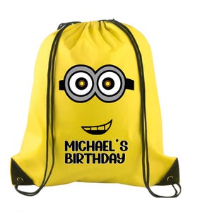 Personalized Birthday Minion Drawstring Backpack – Custom Birthday Party Favor Bag - Minion Birthday Backpack - Minion Birthday Party Gift