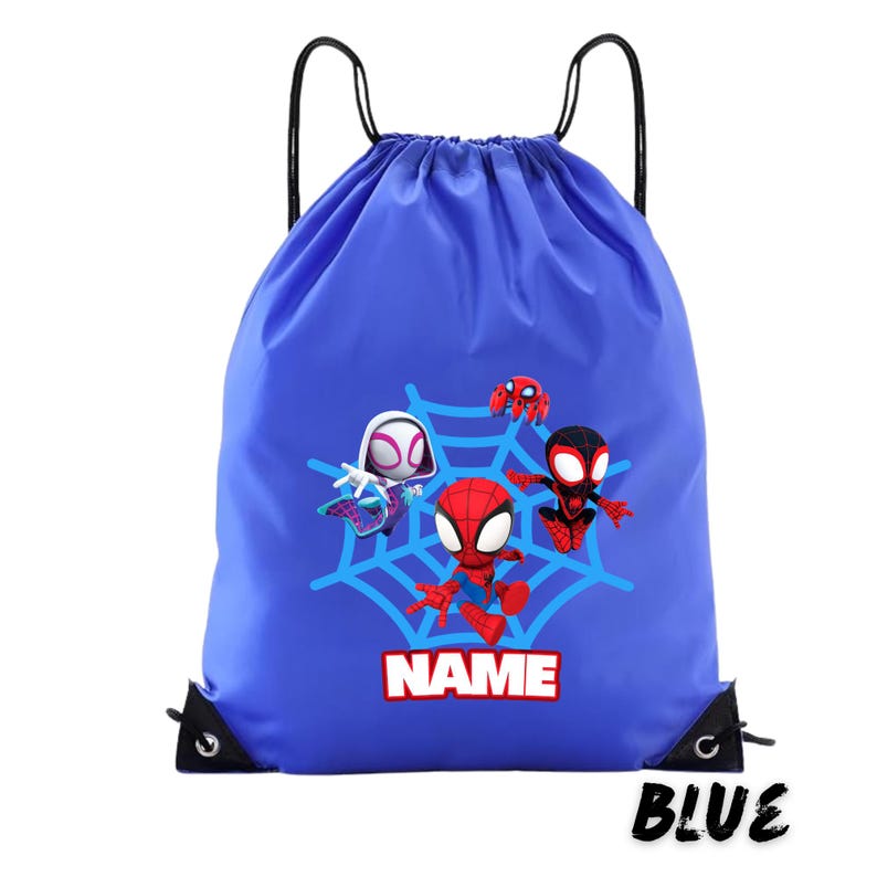 May include: Blue drawstring backpack featuring Spider-Man characters. The bag has a web design with the word "NAME" and the word "BLUE" printed on it. The bag has black drawstrings and black corner reinforcements.