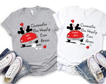 Custom Disney Anniversary Shirt - Personalized Couple Tee – Mickey & Minnie Just Married T-Shirt – Honeymoon Gift – Matching Wedding Shirts