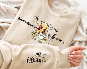 Personalized Mama Bear Sweatshirt – Winnie the Pooh, Custom Sleeve Names