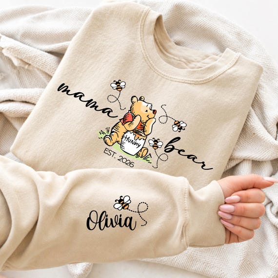 Personalized Mama Bear Sweatshirt – Winnie the Pooh, Custom Sleeve Names