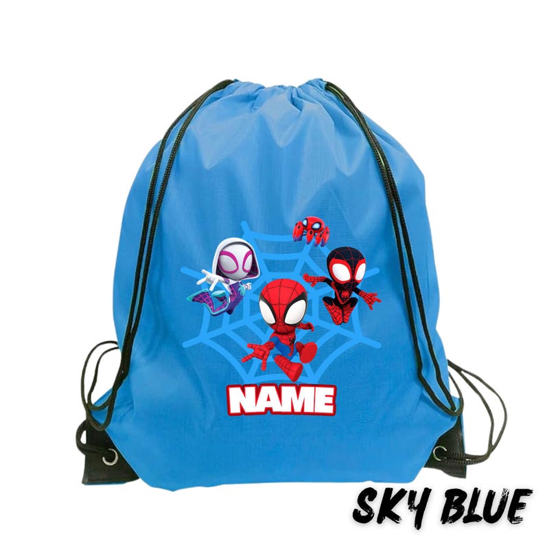 May include: Sky blue drawstring backpack featuring Spider-Man characters. The design includes Spider-Man, Spider-Gwen, and Miles Morales, with a white spiderweb and the word "NAME" in a white box. The text "SKY BLUE" is at the bottom.