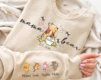 Custom Mama Bear Sweatshirt – Winnie the Pooh Mom Crewneck, Custom Sleeve Names Hoodie