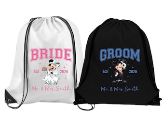 Minnie and Mickey Bride & Groom Drawstring Bags – Custom Wedding Gift - Disney Honeymoon Trip