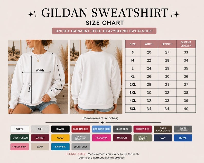 May include: A Gildan Sweatshirt size chart for a unisex garment-dyed Heavyblend sweatshirt. The image displays a front and back view of a white sweatshirt with measurement lines, a size table in inches, and a color palette of twenty-two swatches.