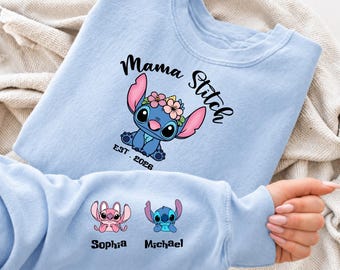 Custom mama Stitch Sweatshirt – Personalized Mom Crewneck, Custom Sleeve Names Hoddie