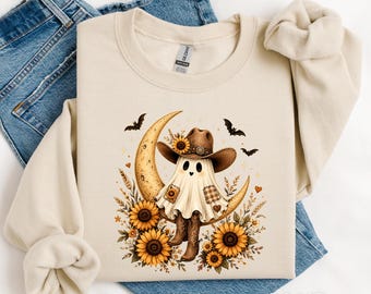 Cowgirl Ghost Sweatshirt, Western Halloween Shirt, Ghost Cowgirl Sweatshirt, Boho Fall Shirt, Sunflower Ghost Tee, Spooky Season Crewneck