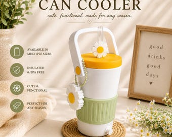 Daisy Can Cooler with Straw Topper and Can Opener | 12 oz Skinny, 12 oz Regular & 16 oz | Cute Gift | Drink Holder | Flowers Lover Gift