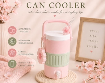 Cherry Blossom Can Cooler, 12 oz Regular or Skinny Can Holder, Floral Drink Accessory, Pink 3D Printed Cooler, Cute Gift