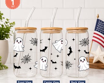 Halloween Glass Cup with Bamboo Lid & Glass Straw, Cute Ghost Cup, Skeleton Iced Coffee Glass, Pumpkin Halloween Tumbler, Spooky Gift