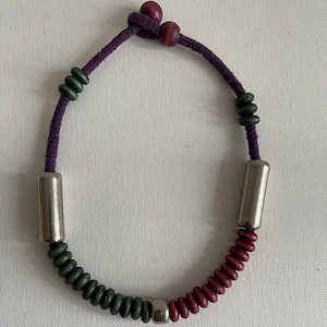 vintage 70s 80s Aarikka Finland wooden bead necklace stainless steel duo colour brutalist rustic Finnish design Purple Green
